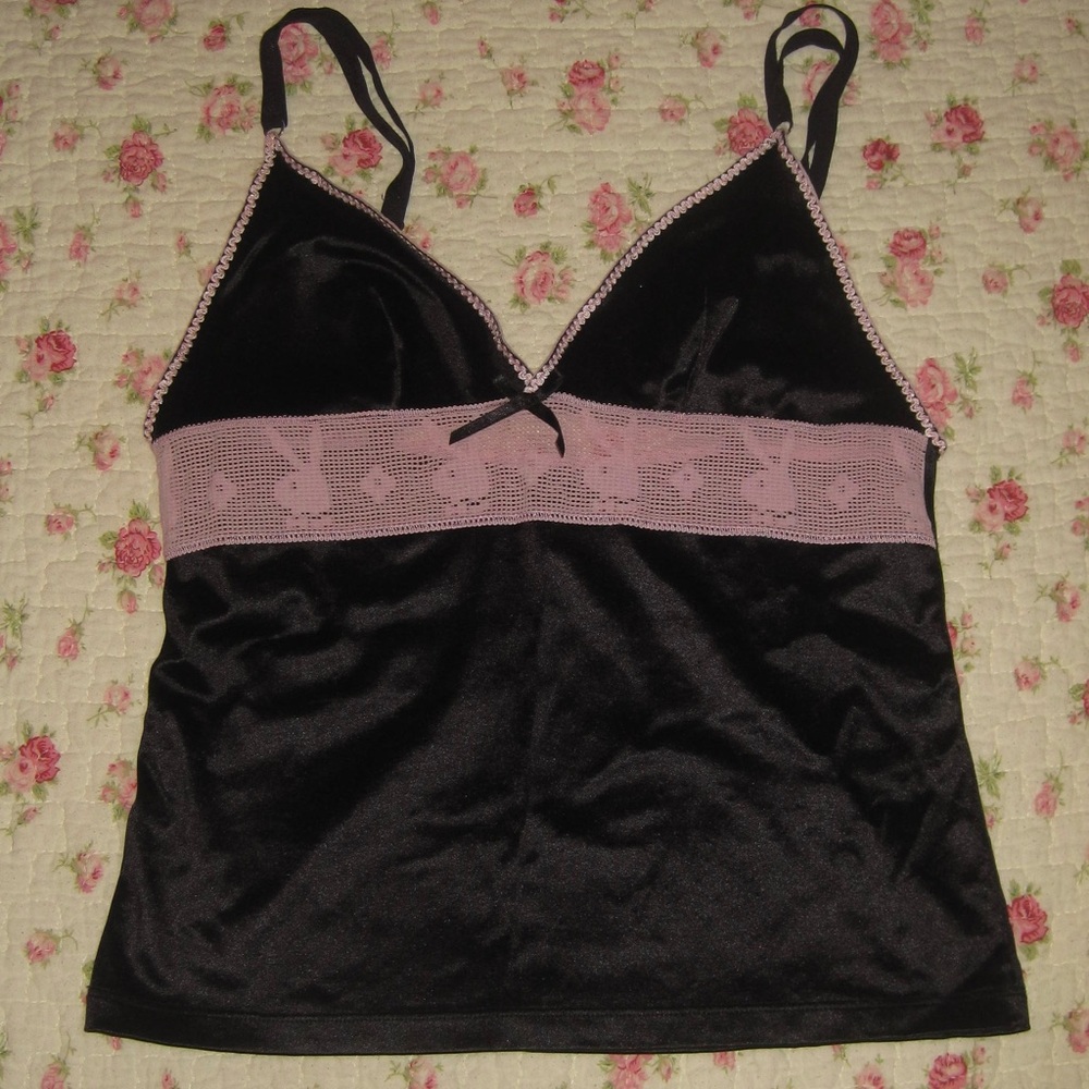 Playboy nylon babydoll Tank Top with pink bunny trim